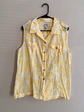 Chicos Yellow Floral Button Down Sleeveless Top Size 3